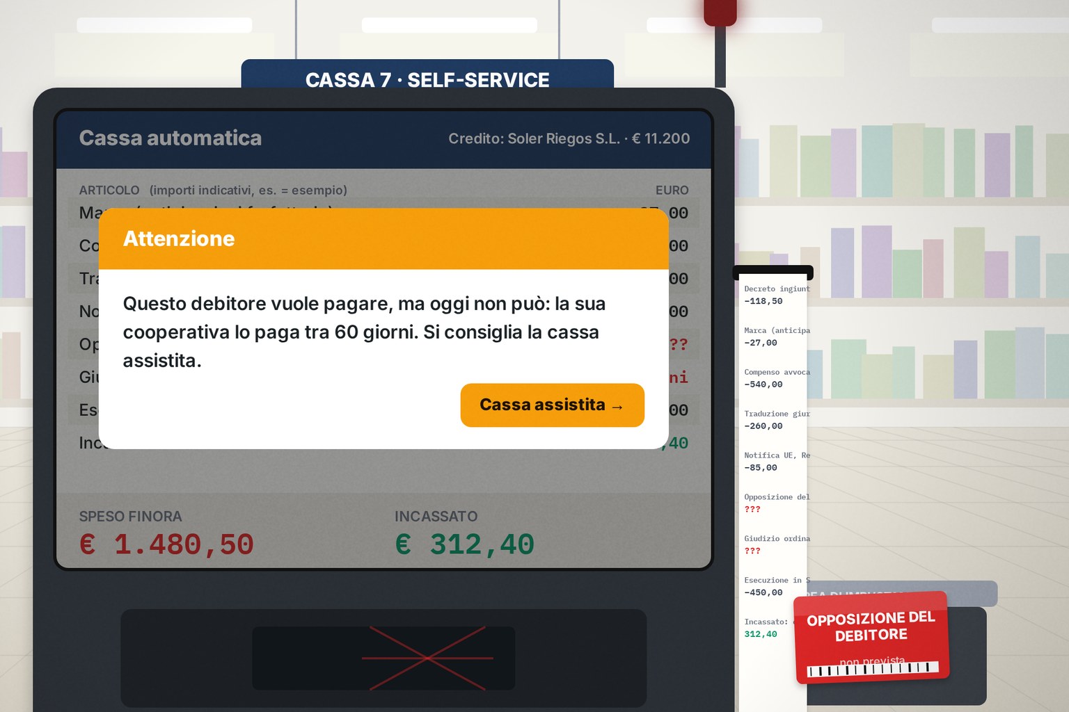 Cassa automatica del film: 1.480,50 euro spesi, 312,40 incassati e l'opposizione del debitore nell'area di imbustamento