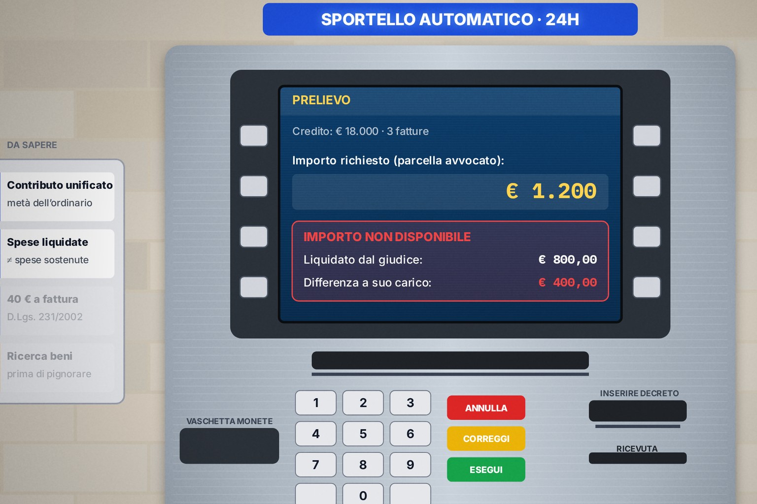 Sportello automatico del film: prelievo di 1.200 euro non disponibile, il giudice ha liquidato 800 euro