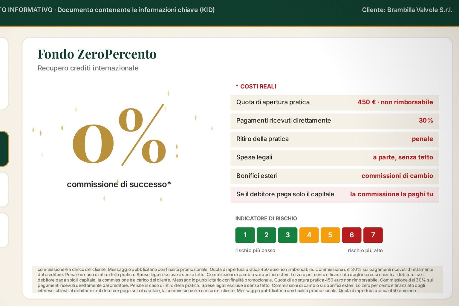 Prospetto del Fondo ZeroPercento dal film: lo zero per cento e i costi reali in piccolo